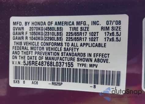 2008 Honda Cr-V Ex-L z USA, uszkodzony, nr VIN 5J6RE48768L037155